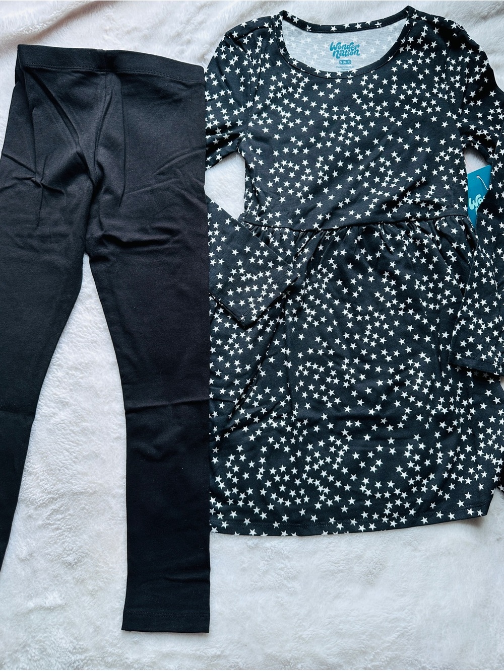 Girls Black Star-Print Dress with Black Leggings